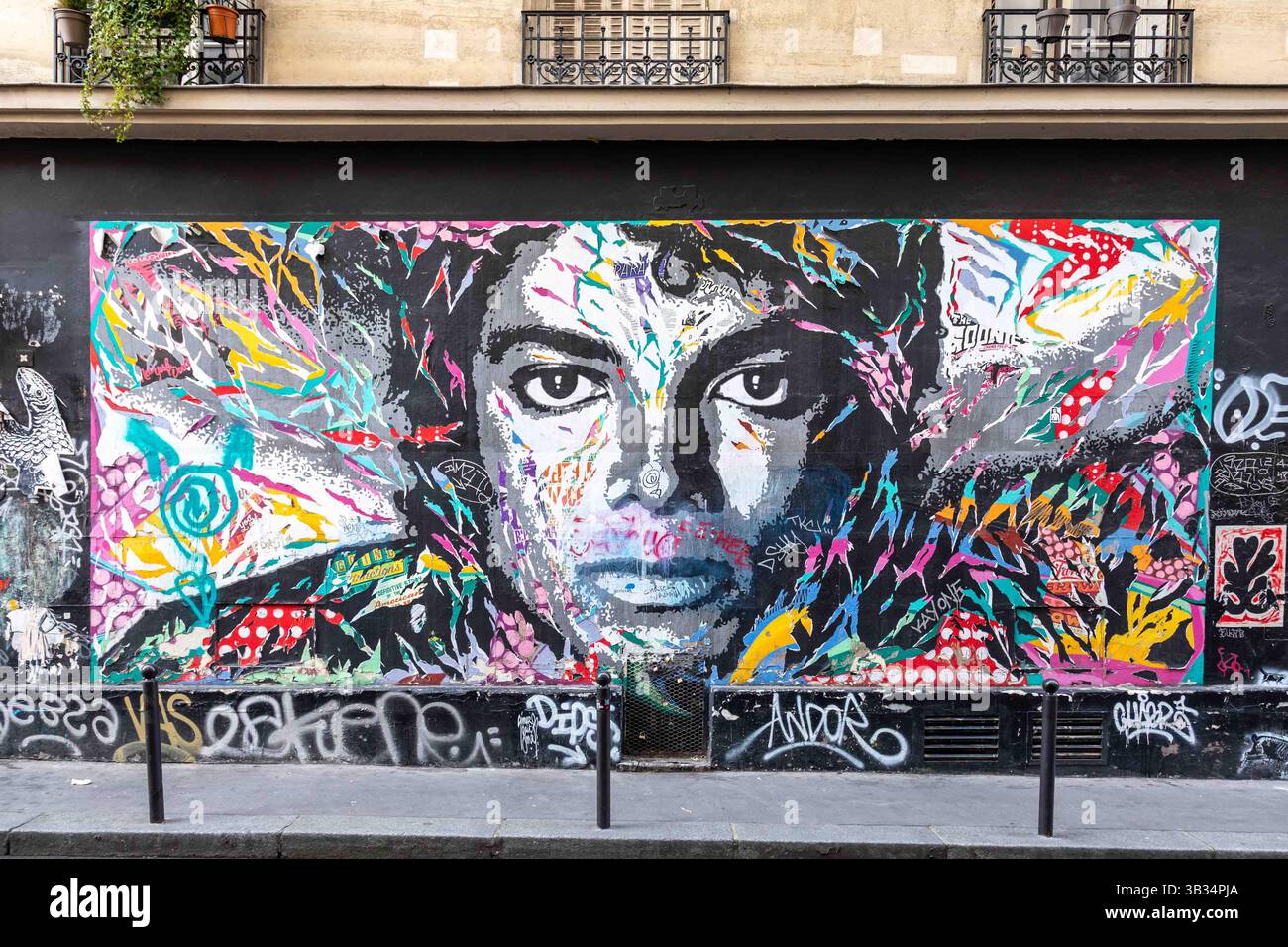 Montmartre street art: Tribute to Michael Jackson mural graffiti by Jo Di Bona in the corner of Rue Lepic and Rue Robert Planquette. Paris, France. Stock Photo