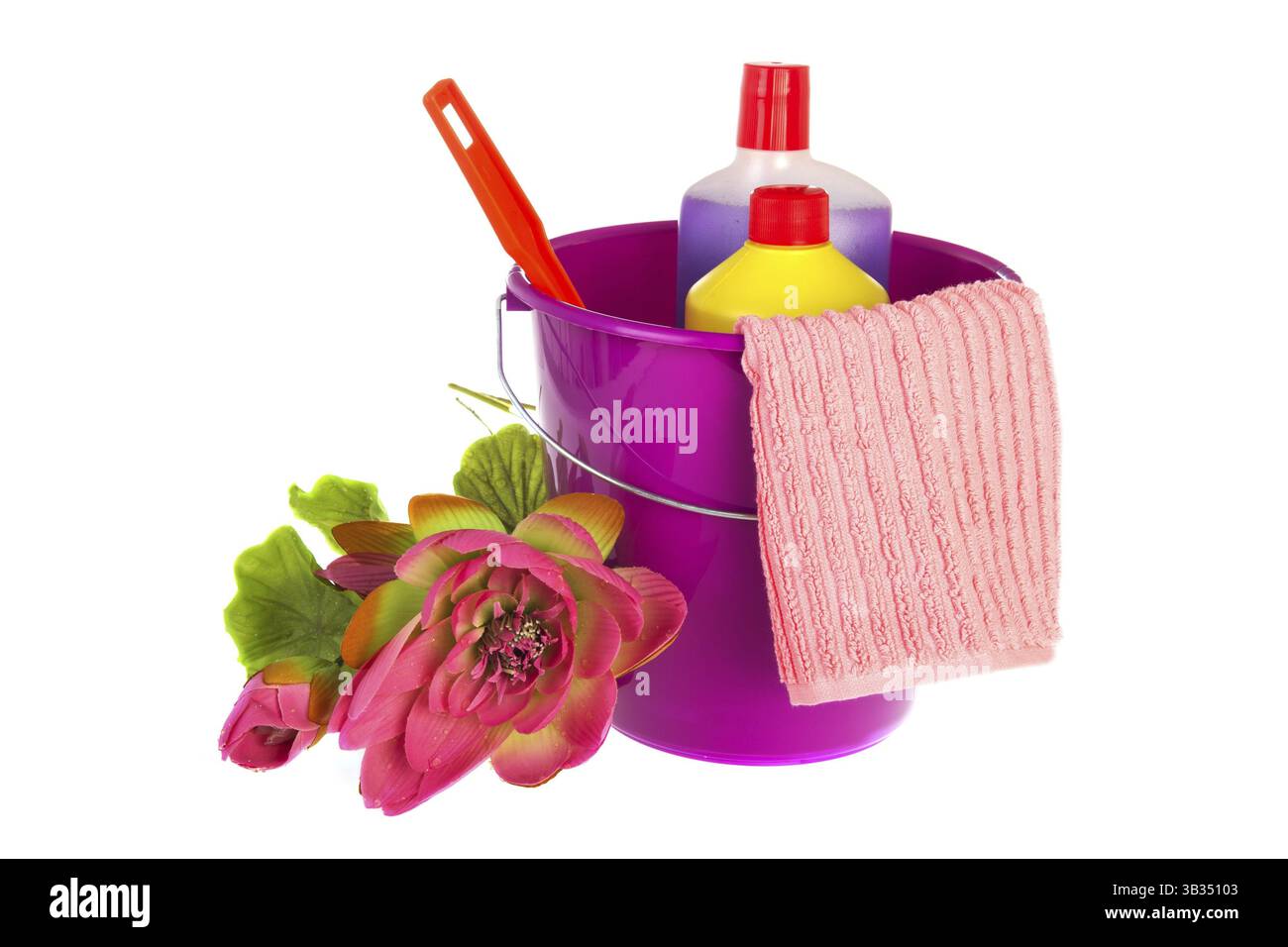 Violet plastic bucket with liquid bottles cloth and brush Stock Photo