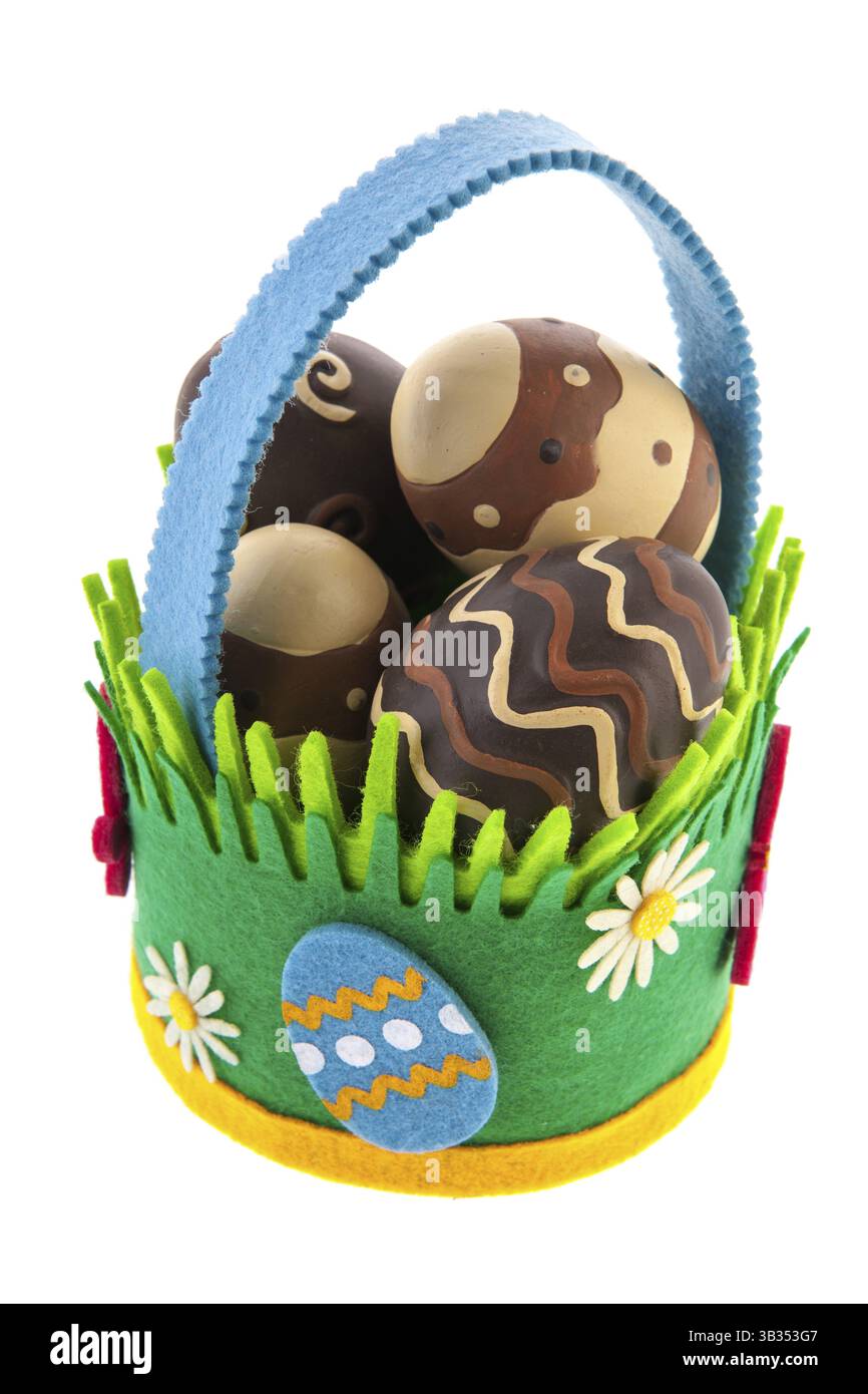 Felting basket full chocolate easter eggs isolated over white background Stock Photo