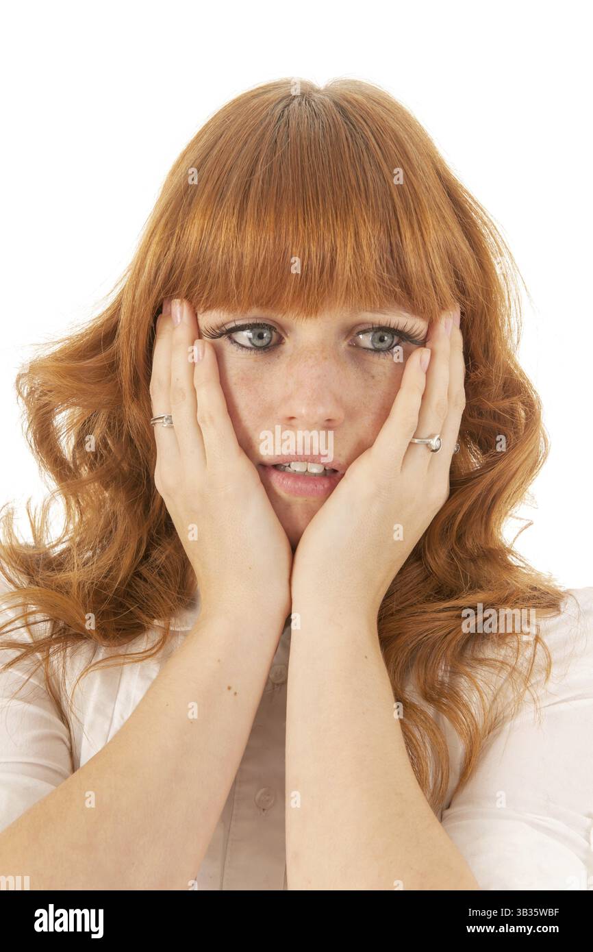 Portrait red haired sad woman Stock Photo