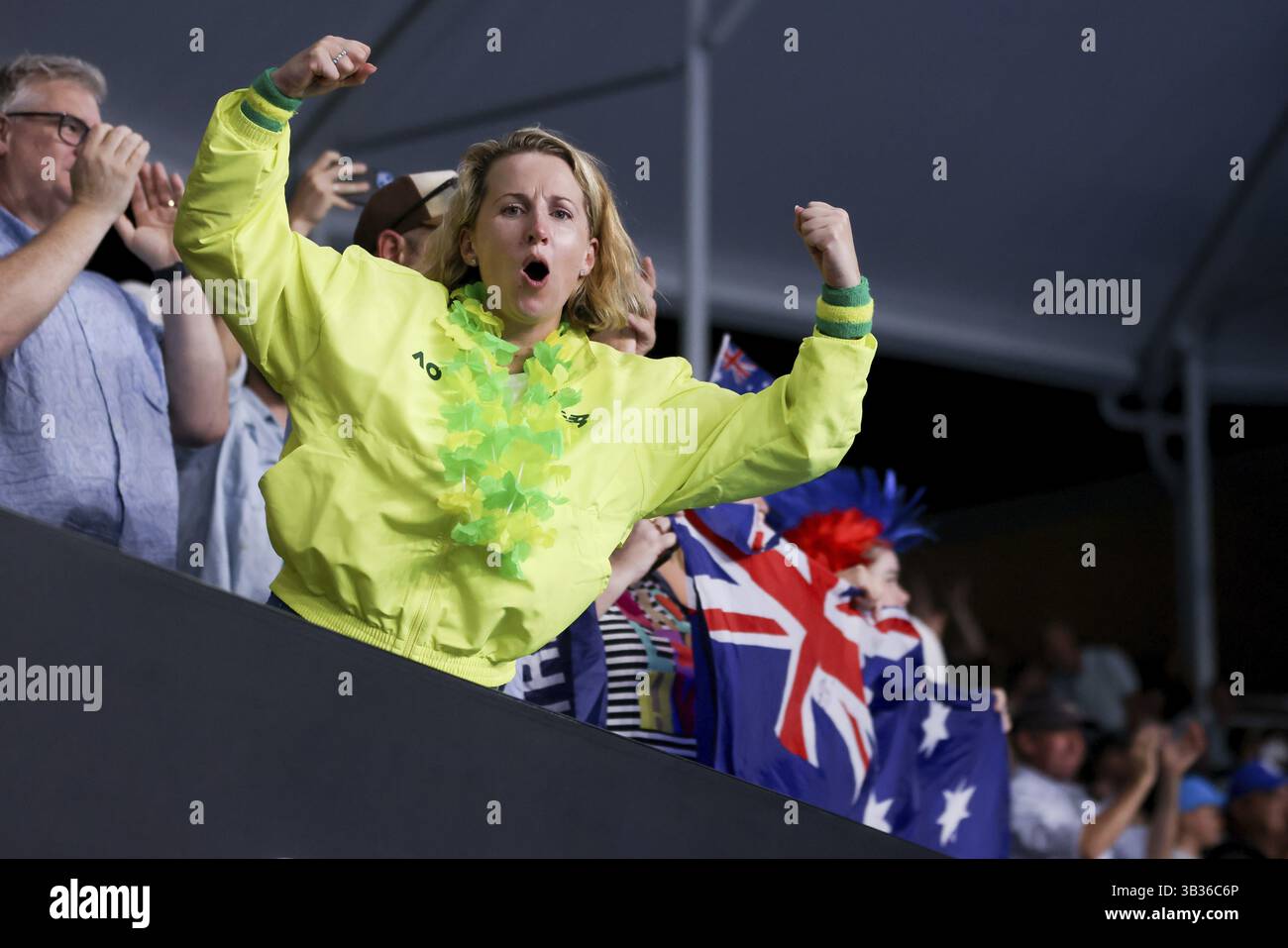 MELBOURNE, AUSTRALIA - JANUARY 12: Excited fans as Adam Walton of Australia plays Quentin Halys of France on day one of the 2025 Australian Open at Me Stock Photo