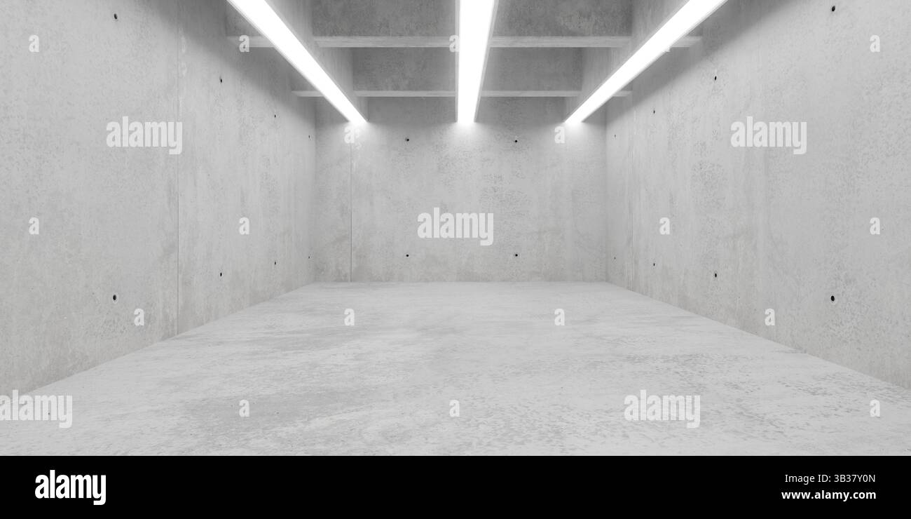 Abstract empty, modern concrete room with three center ceiling light ...