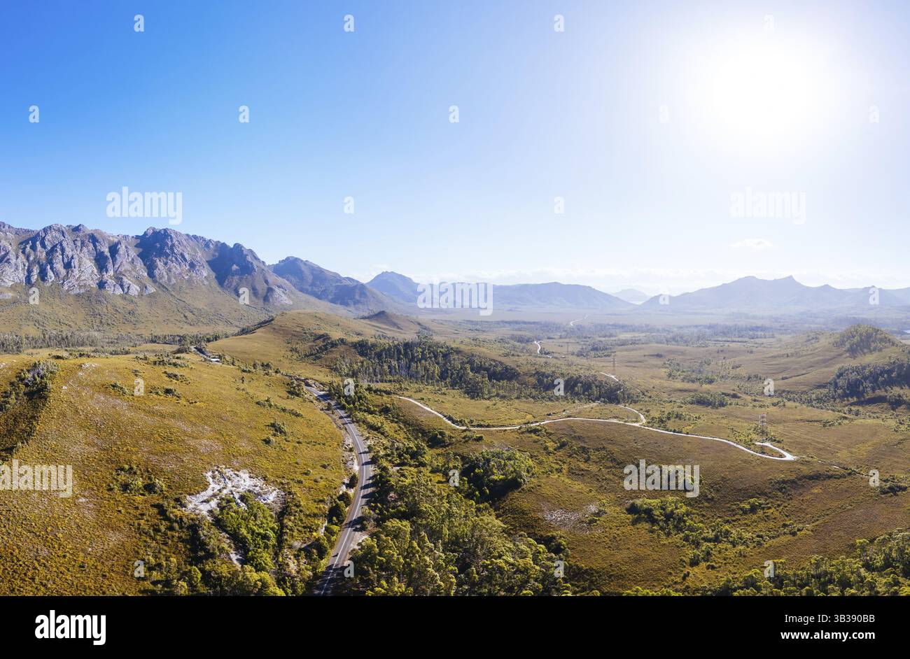 An aerial view of Gordon River Rd at the Sentinel range of mountains ...
