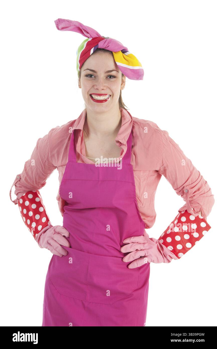 Portrait young housewife isolated over white background Stock Photo - Alamy
