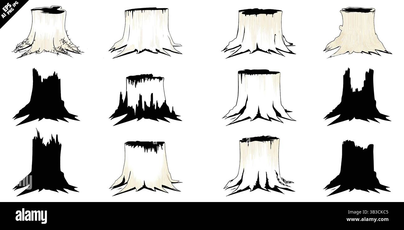 tree stump root silhouette vector collection in black on white background Stock Vector