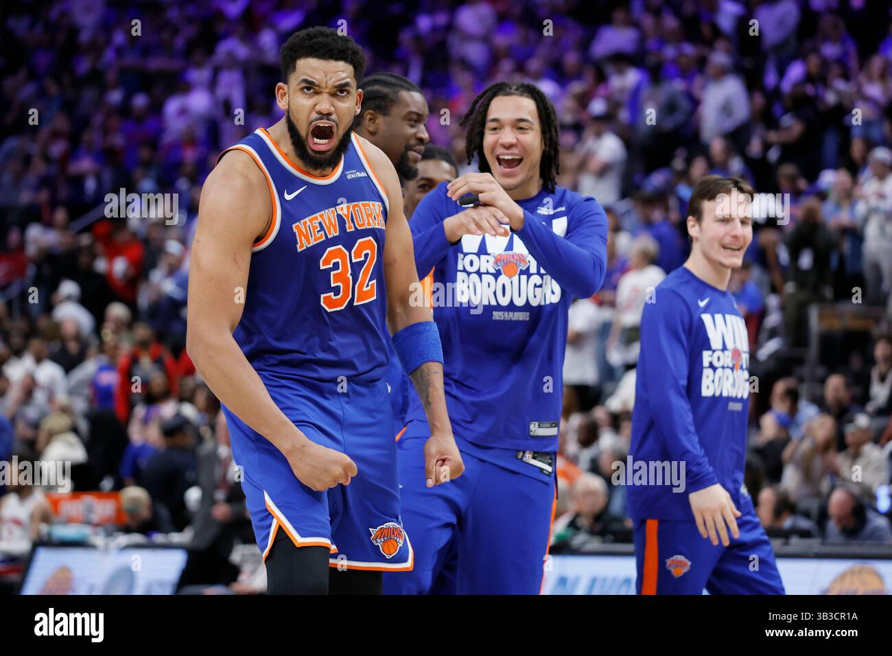 New York Knicks center Karl-Anthony Towns (32) celebrates during the ...