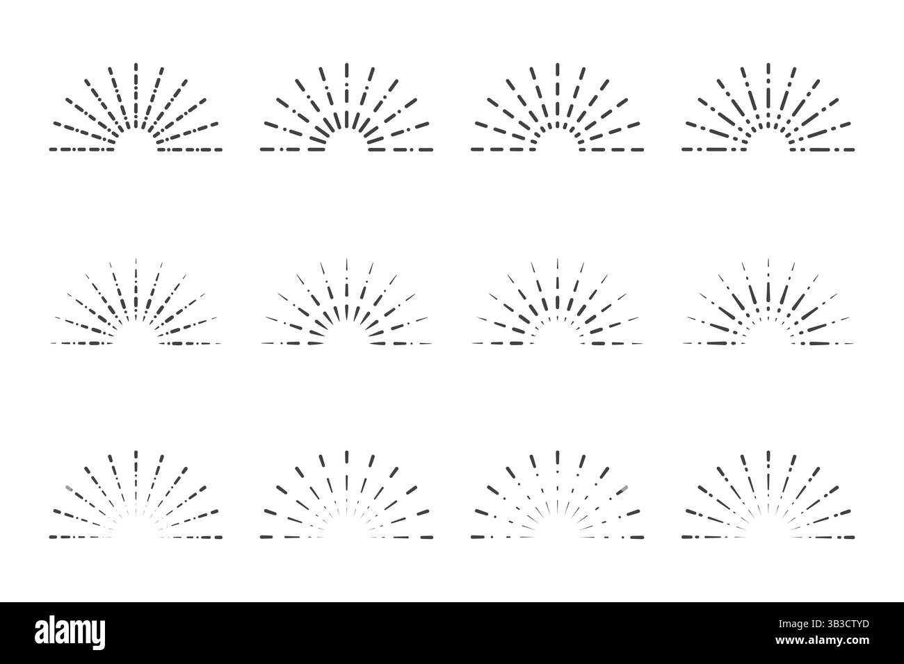 Set of twelve different shaded vintage sunburst design elements on a white background. Stock Vector