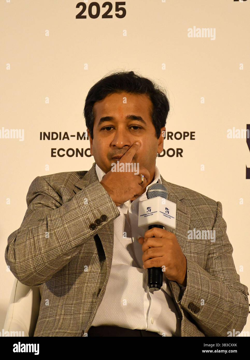 Mumbai, India. 28th Apr, 2025. Minister of Ports Development of Maharashtra, Nitesh Rane speaks during the India-Middle East-Europe Economic Corridor Summit (IMEC) held in Mumbai. The high level summit delved into critical strategies and transformative projects along the India-Middle East-Europe Economic Corridor (IMEC), exploring new dimensions in logistics, infrastructure, energy, digital connectivity and regional cooperation. Credit: SOPA Images Limited/Alamy Live News Stock Photo