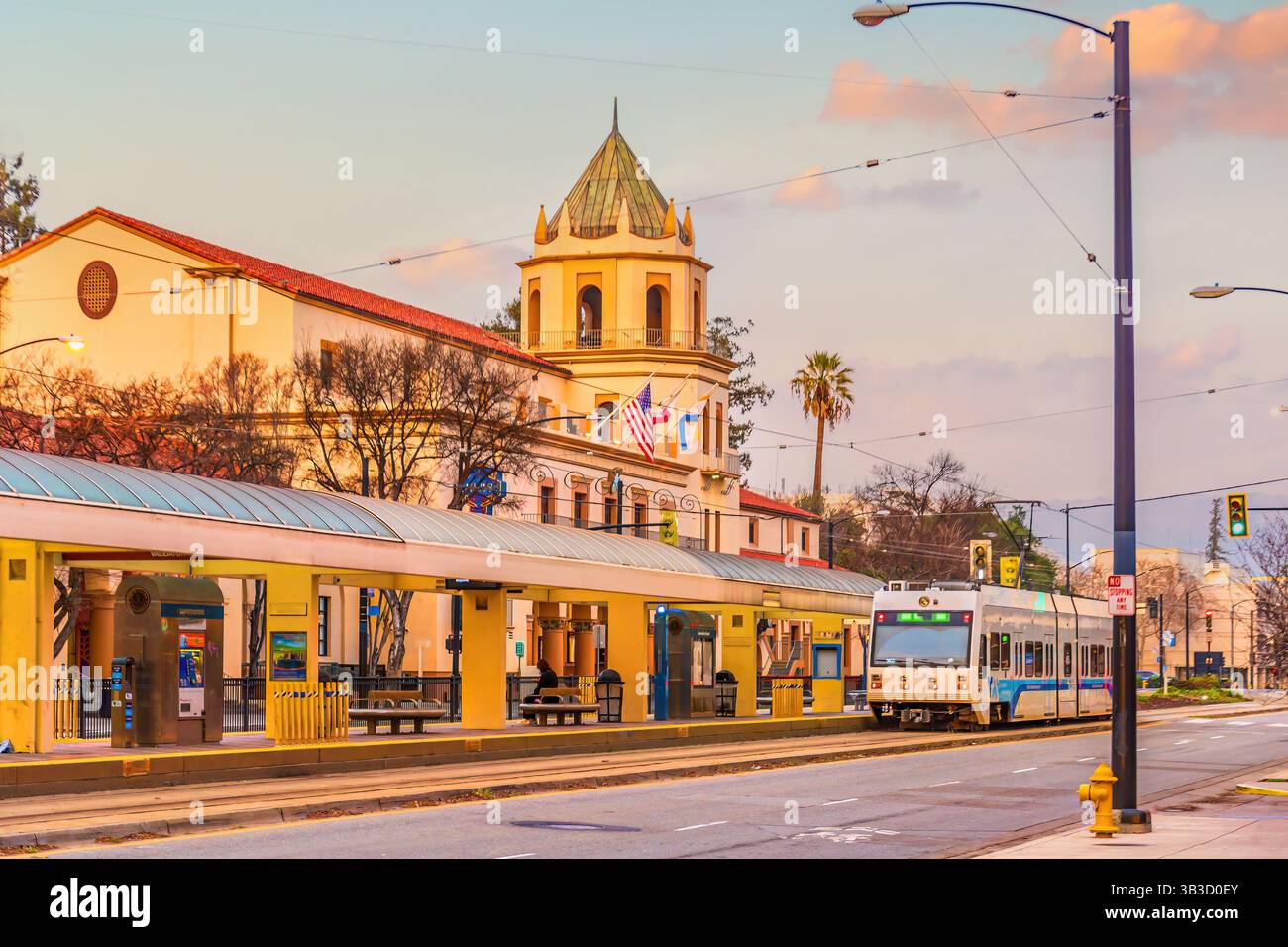 Light rail train and downtown San Jose city skyline in Silicon Valley ...