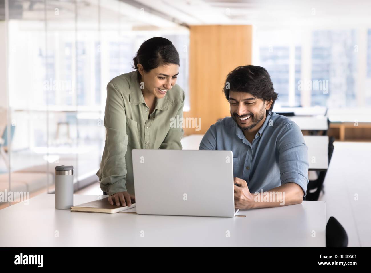 Two Indian workmates working on joint task using laptop Stock Photo