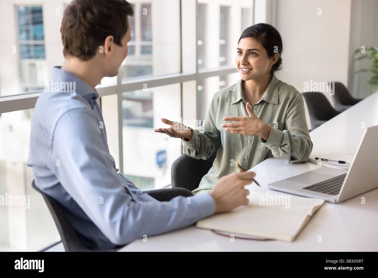 Indian woman leads formal conversation with company client in office ...