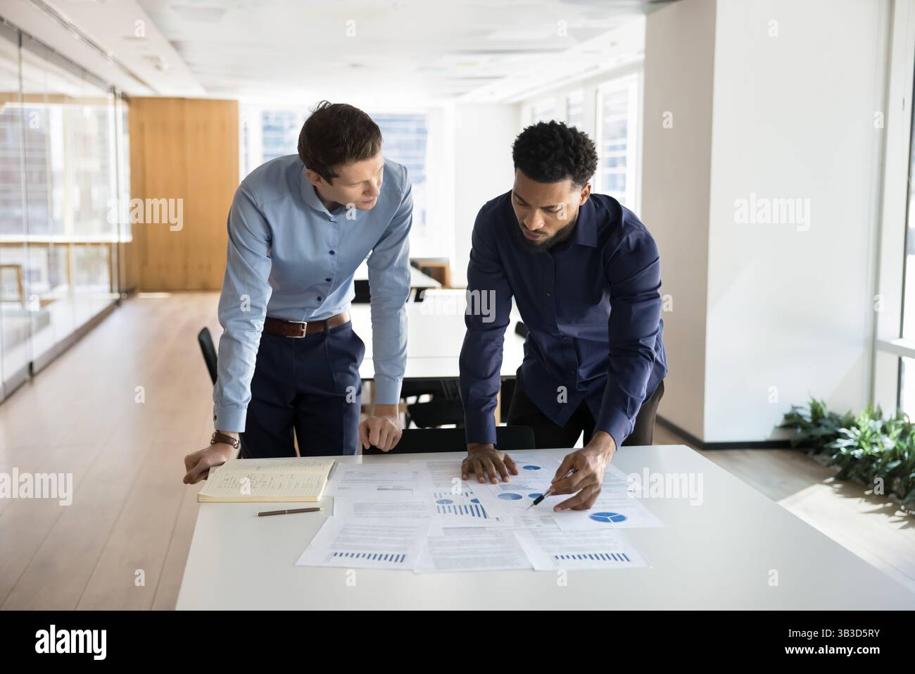 Two business professionals engaged in financial documents analysis Stock Photo