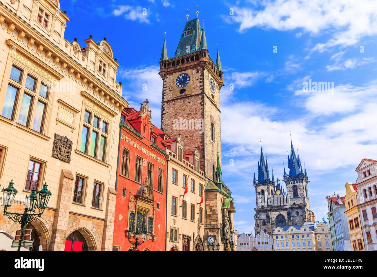 Prague, Czech Republic. Tyn Cathedral and Clock Tower. Stock Photo
