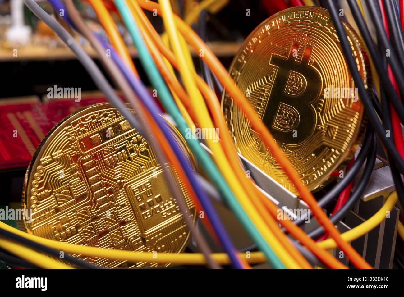 The golden bitcoin on colorful board background, Conceptual image for  worldwide crypto currency, huge stack physical version of golden Bitcoin  Stock Photo - Alamy