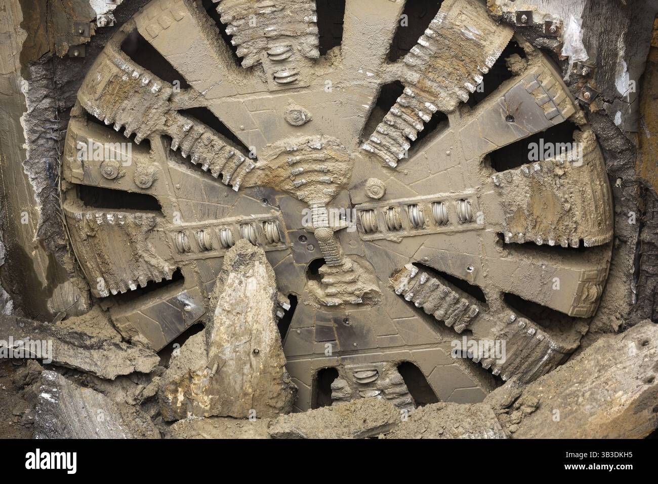 Tunnel Boring Machine front head element is seen on a subway station under construction Stock Photo