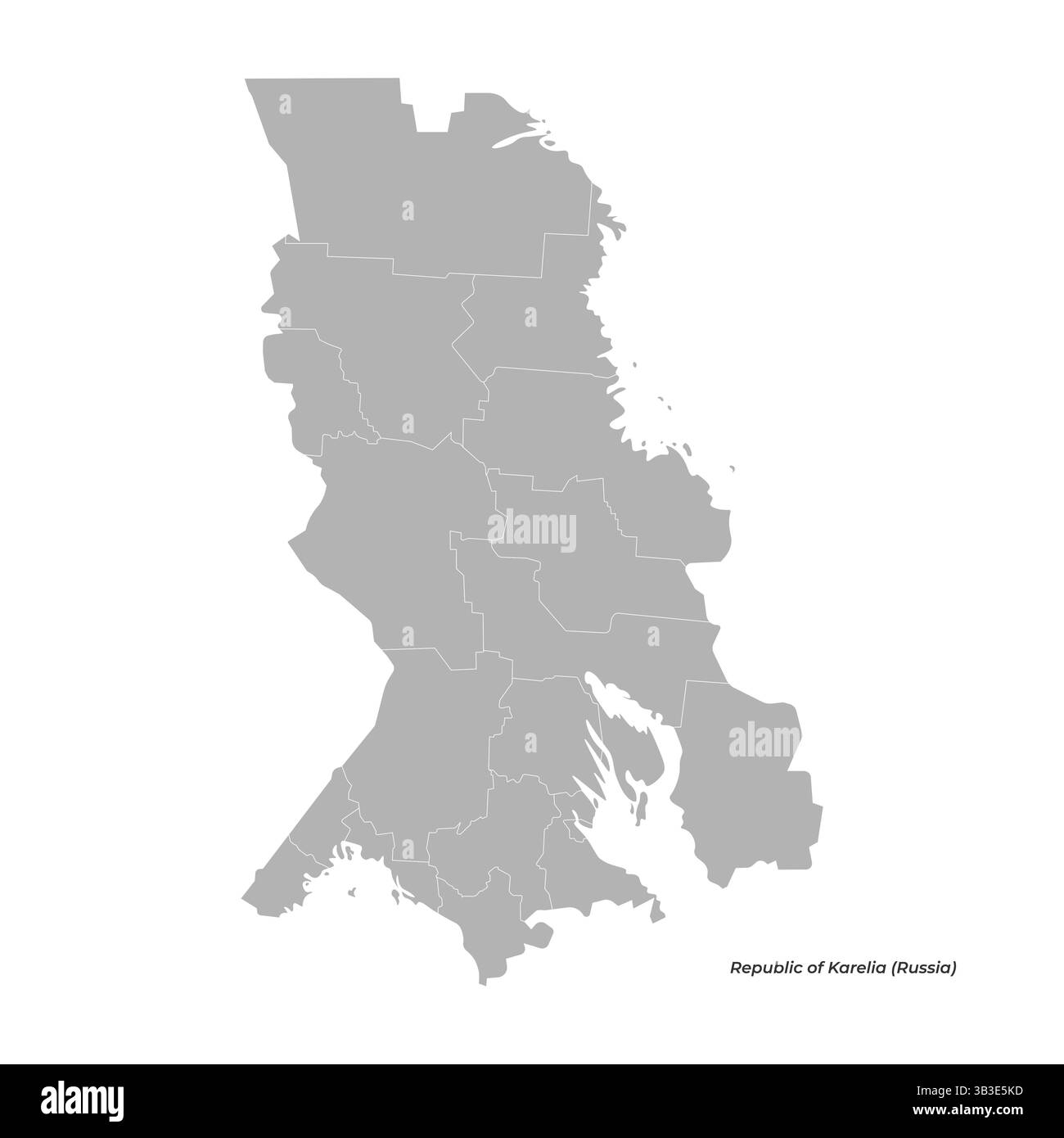 Vector isolated illustration. Simplified administrative map of Republic of Karelia, Russian region. Grey shapes of districs. White background. Stock Vector