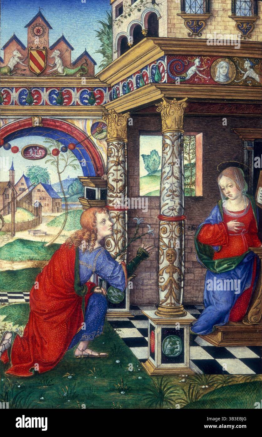 The Annunciation, 1500. The angel Gabriel holding a lily appears to the Virgin Mary, telling her she will give birth to the saviour. The setting is an ornate building with decorated pillars, an archway with a coat of arms, and a black and white tiled floor. Mythical creatures decorate the pediment. Beyond are medieval buildings in a landscape. Stock Photo