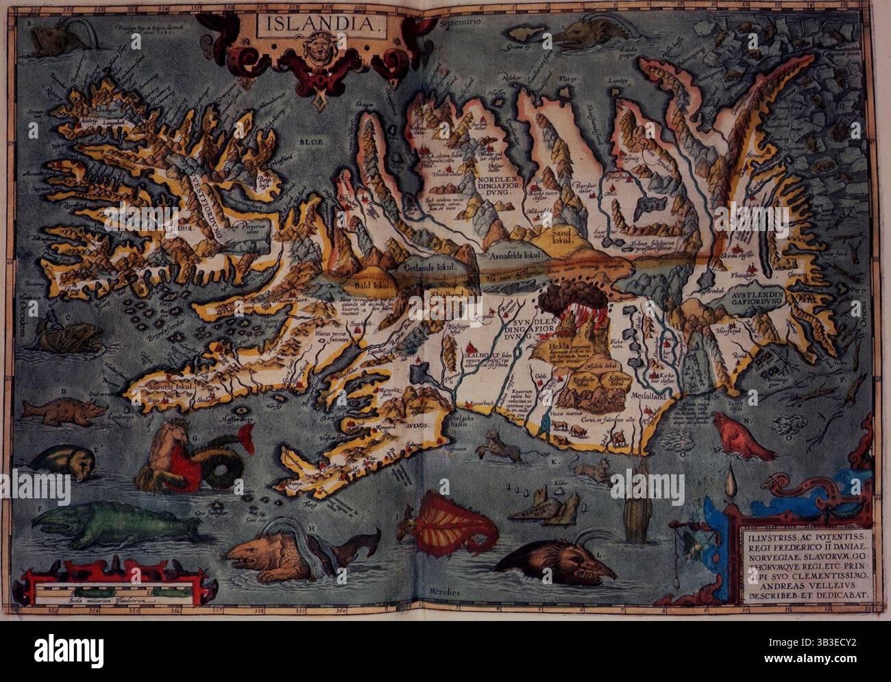 Map of Iceland, 1606. 'Islandia', with volcanos and sea monsters. From ...