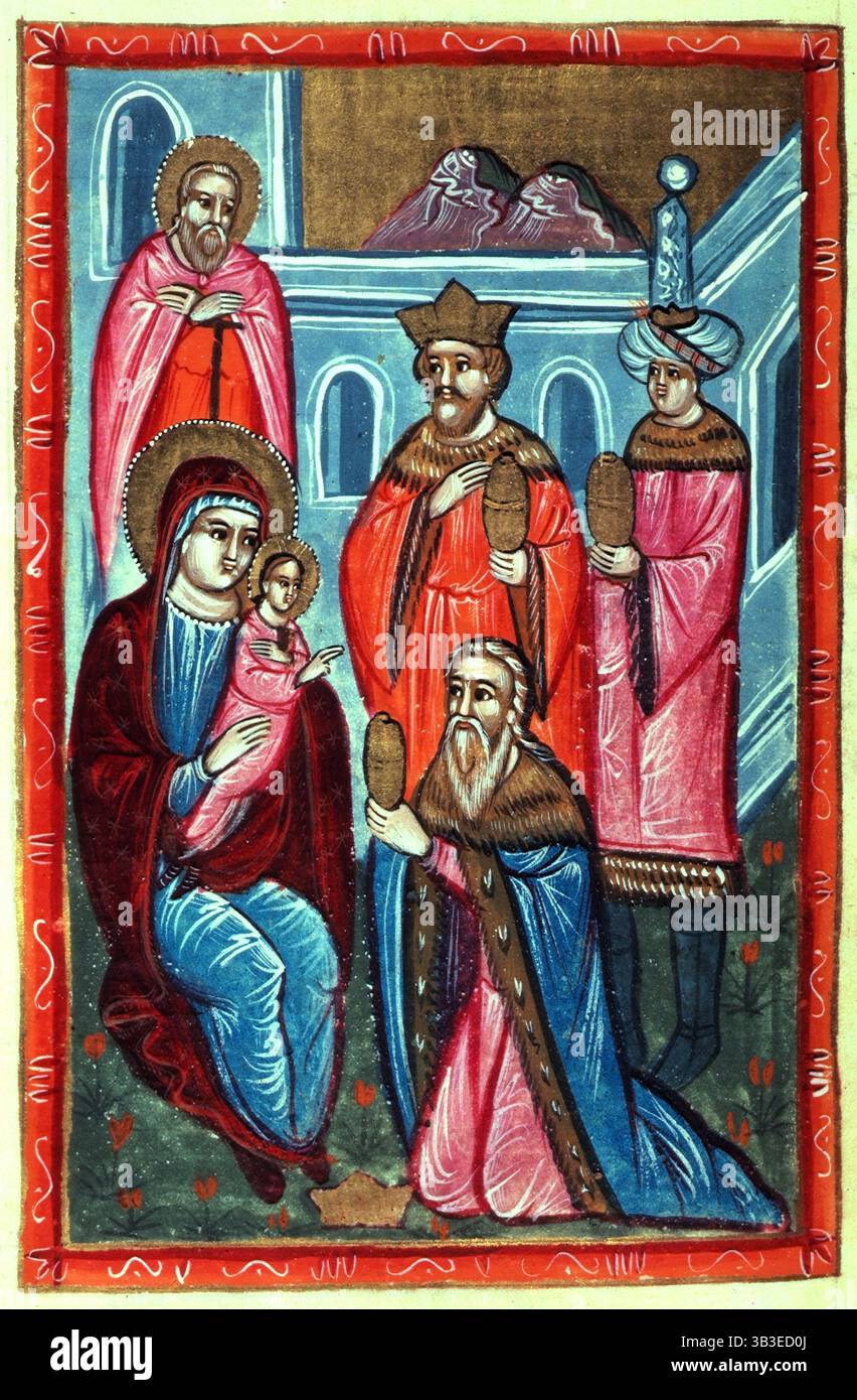 The three Kings bearing gifts to the infant Jesus, 1646. Nativity scene. From a Bible by Yovhannes Lehatsi (of Poland). (Constantinople, 1646). Stock Photo