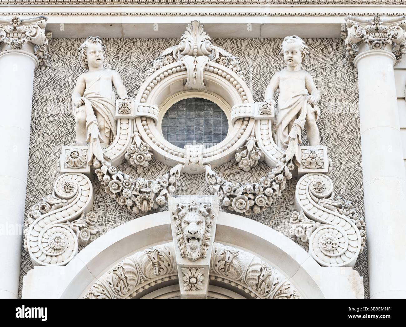 Decorative stonework above the door to Number1 Derby Gate, Westminster, London, England. Stock Photo