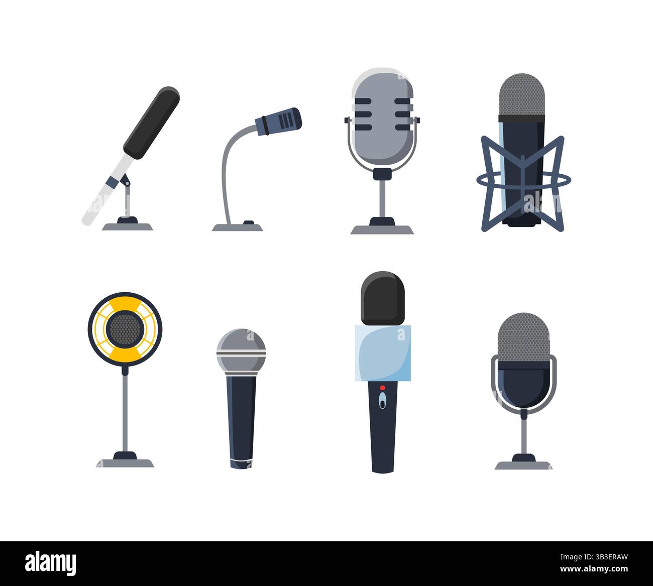 Eight different microphones recording, broadcasting, and interviewing equipment Stock Vector
