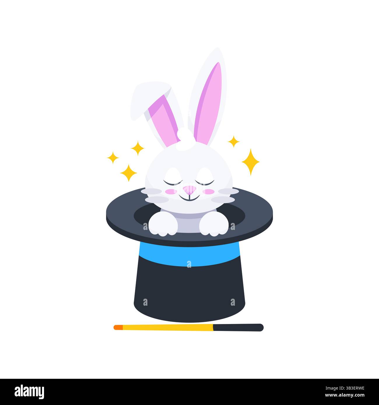 White rabbit appearing from magician top hat with magic wand and ...