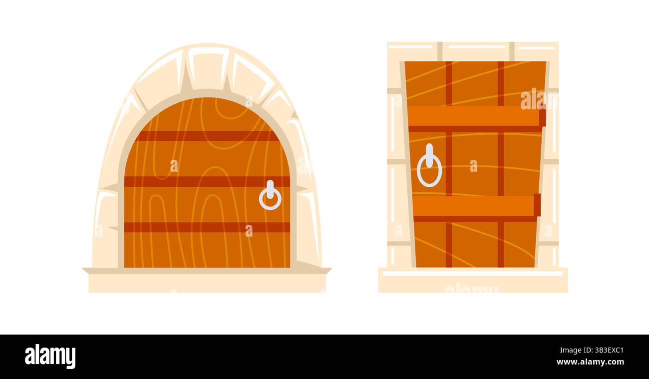 Two wooden medieval doors with stone frames and metal handles are closing a building Stock Vector