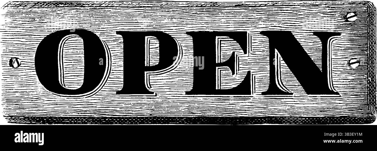 Vintage engraved rustic signboard with open text for shops and cafes ...