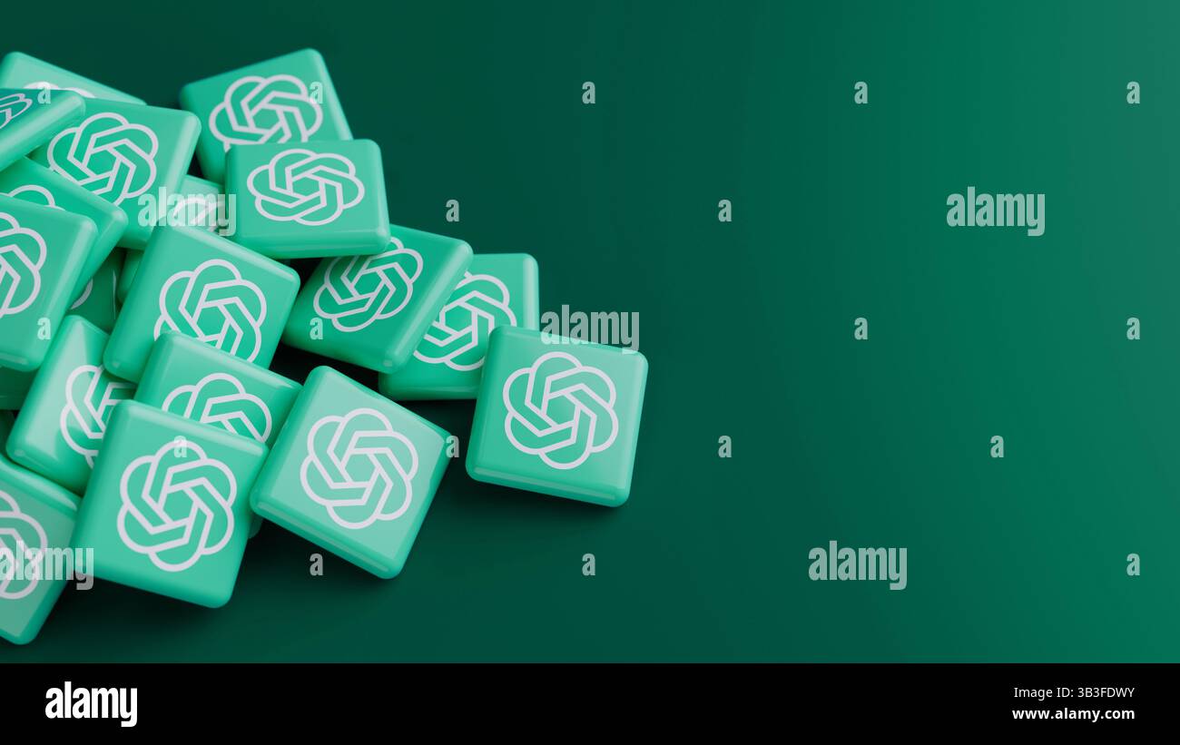 Berlin, Germany – 29th April, 2025: Logos of the generative artificial intelligence chatbot ChatGPT in a pile on green background. Stock Photo