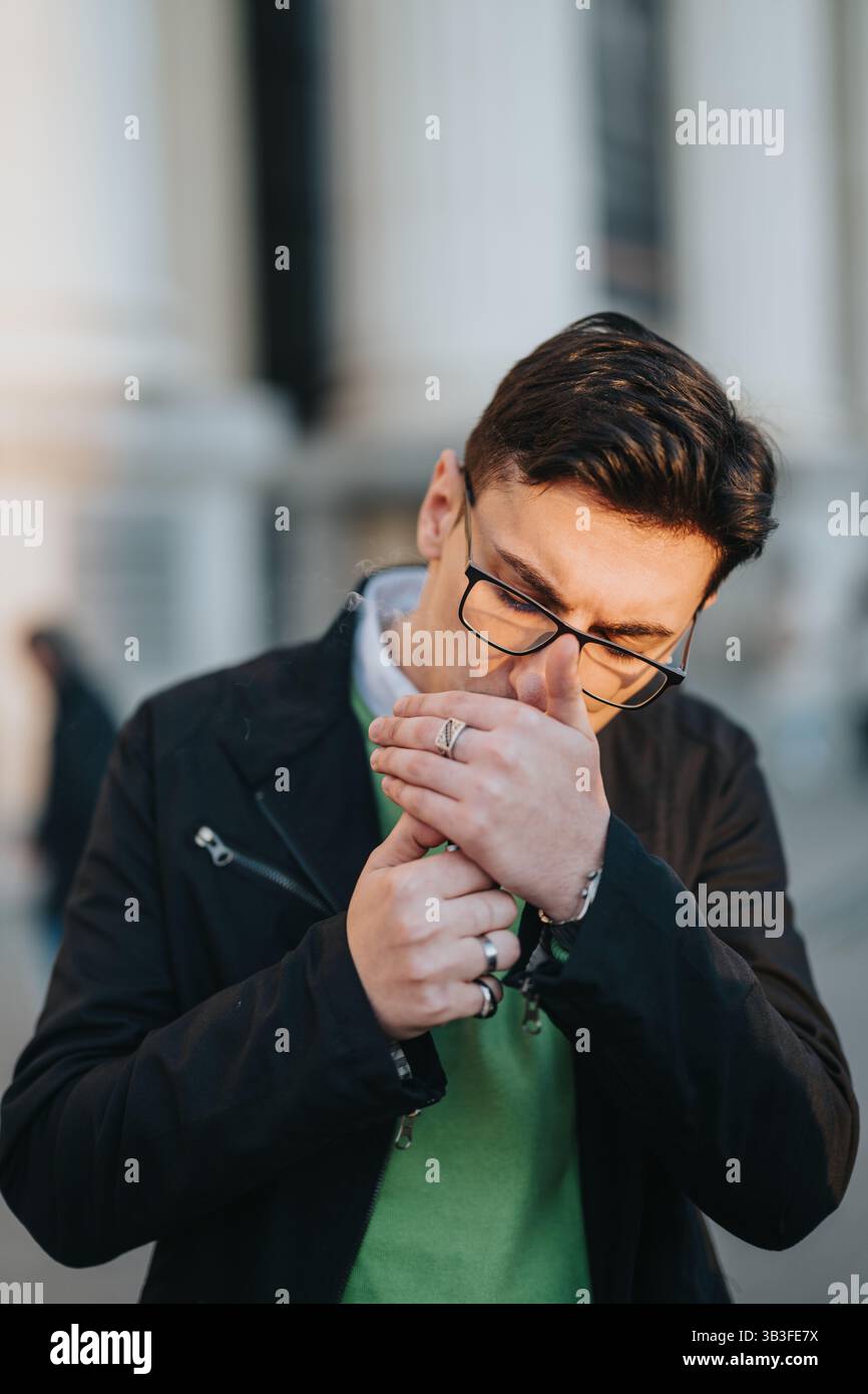 person lighting cigarette Young man on black background Stock Photo Man Lighting A Cigarette, Art