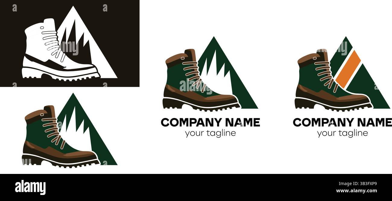 Hiking boot logo with mountain background variations Stock Vector
