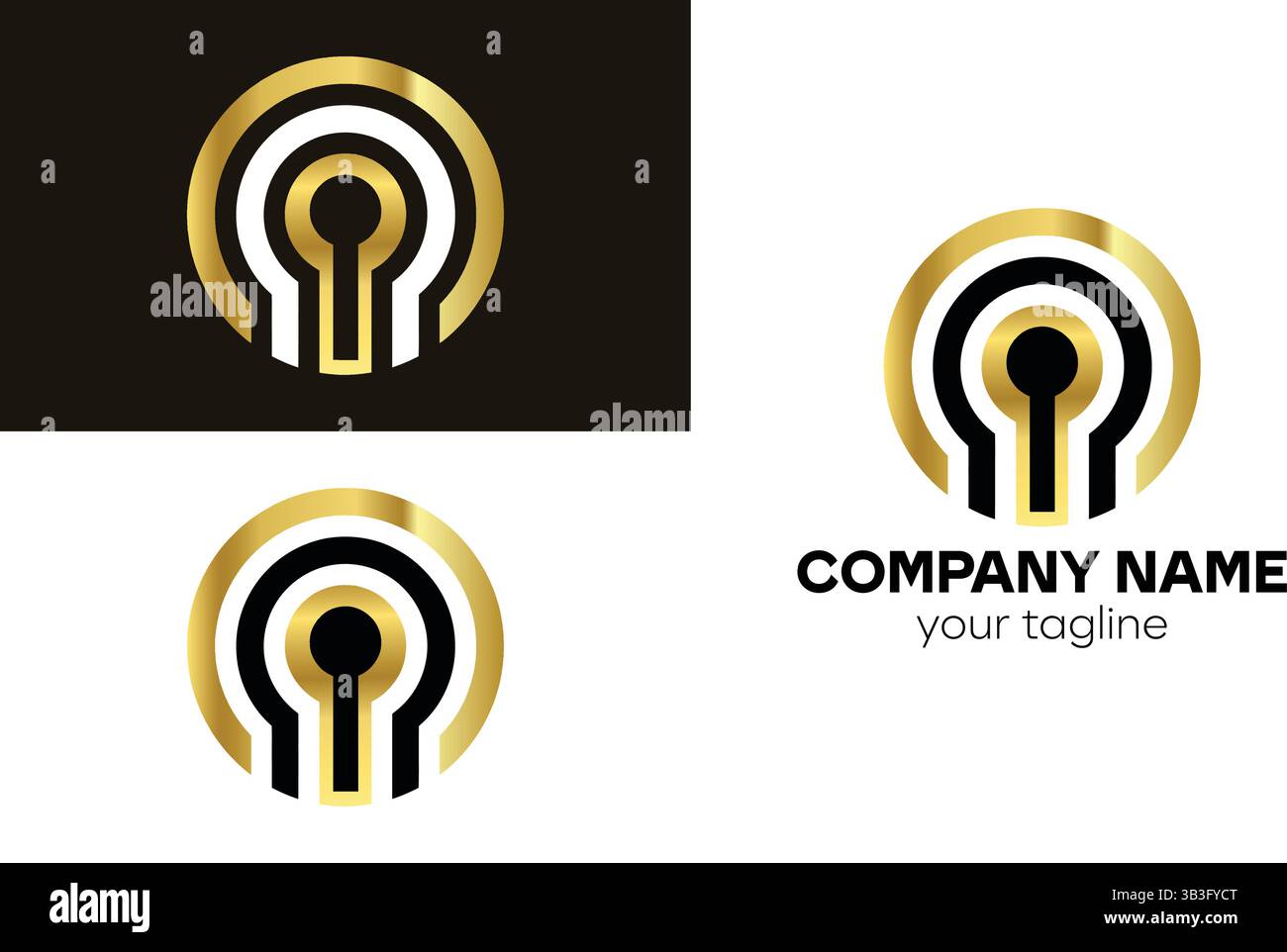 Golden circles around a keyhole logo presentation Stock Vector