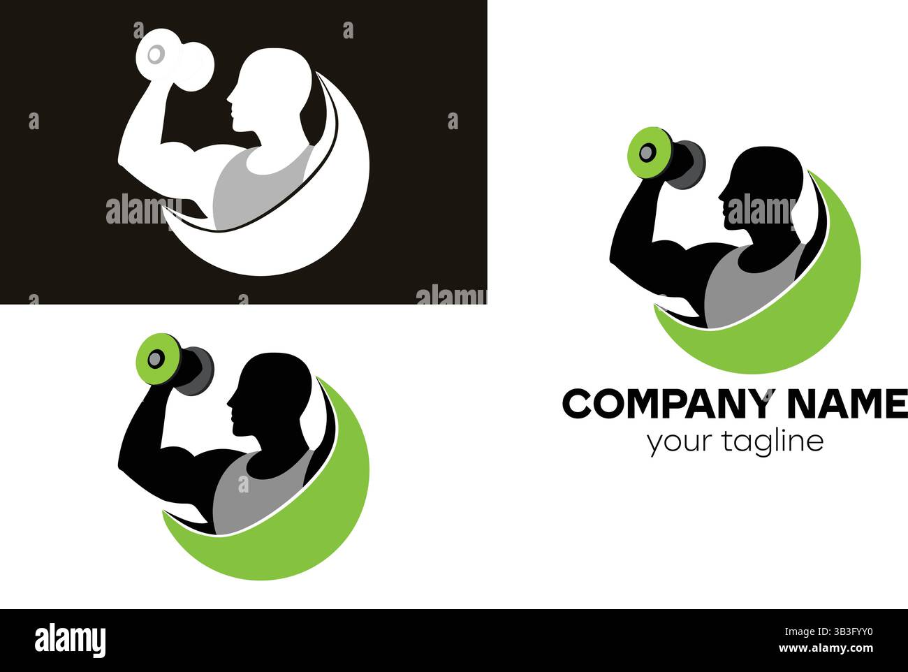 Man lifting dumbbell with crescent moon logo variations Stock Vector