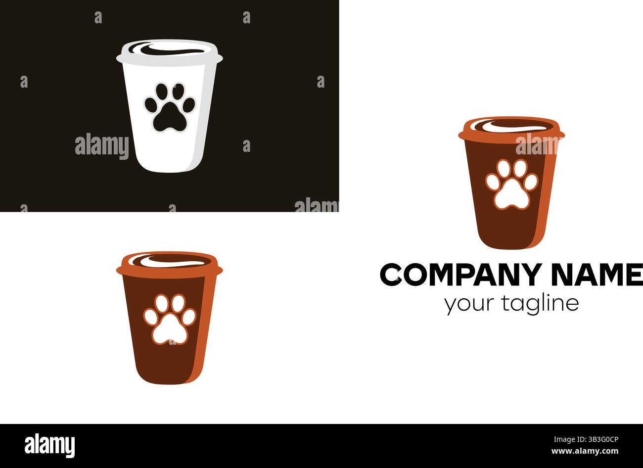 A collage of coffee cups with paw prints on them in different colors and layouts for branding purposes Stock Vector