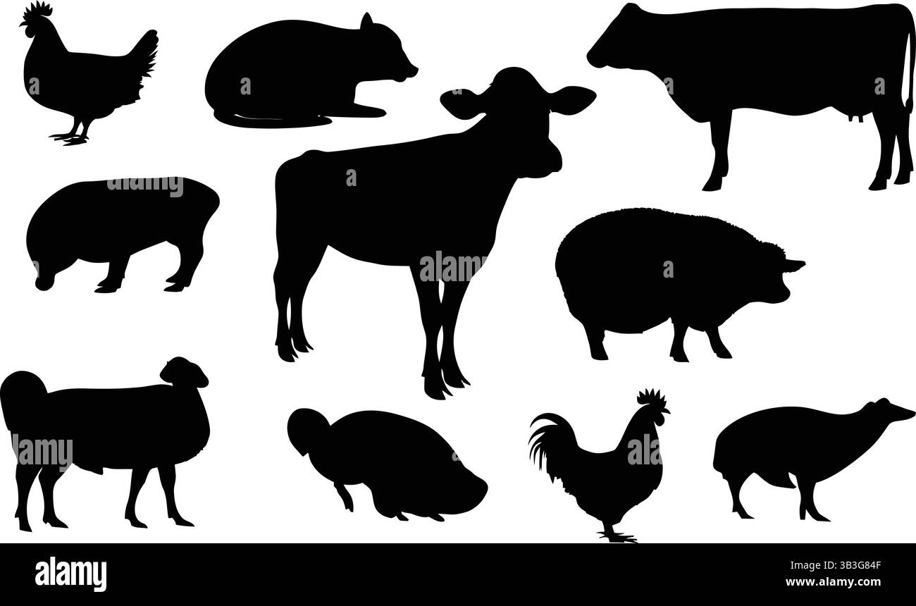 Set of various farm animal silhouettes, including a cow, sheep, pig ...