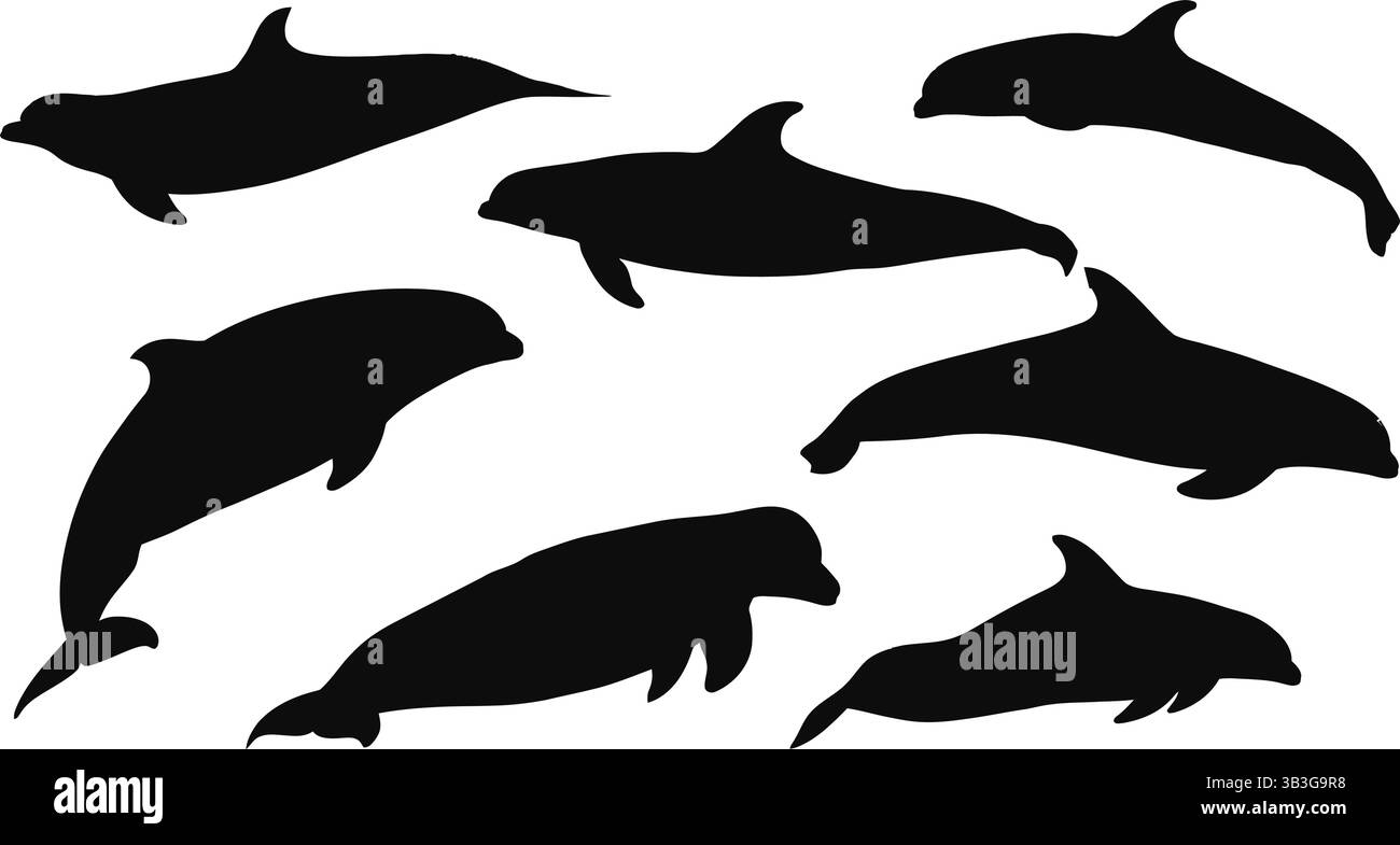 Dolphin silhouettes set, vector illustration Stock Vector