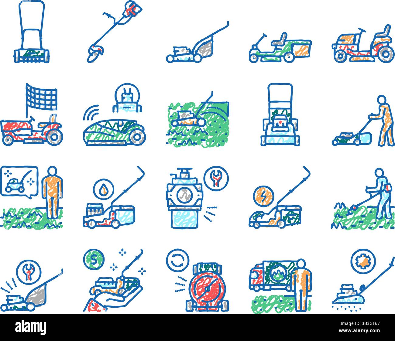 Lawn Mower Equipment set Icons hand drawn Stock Vector Image & Art - Alamy