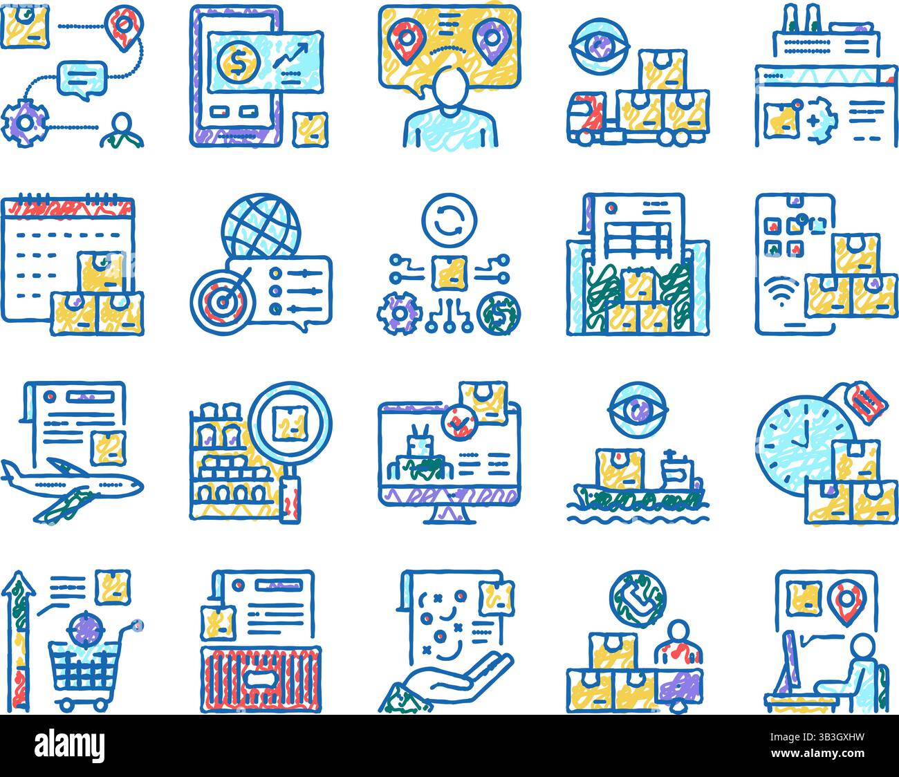 Supply Chain Management System Icons hand drawn Stock Vector Image ...