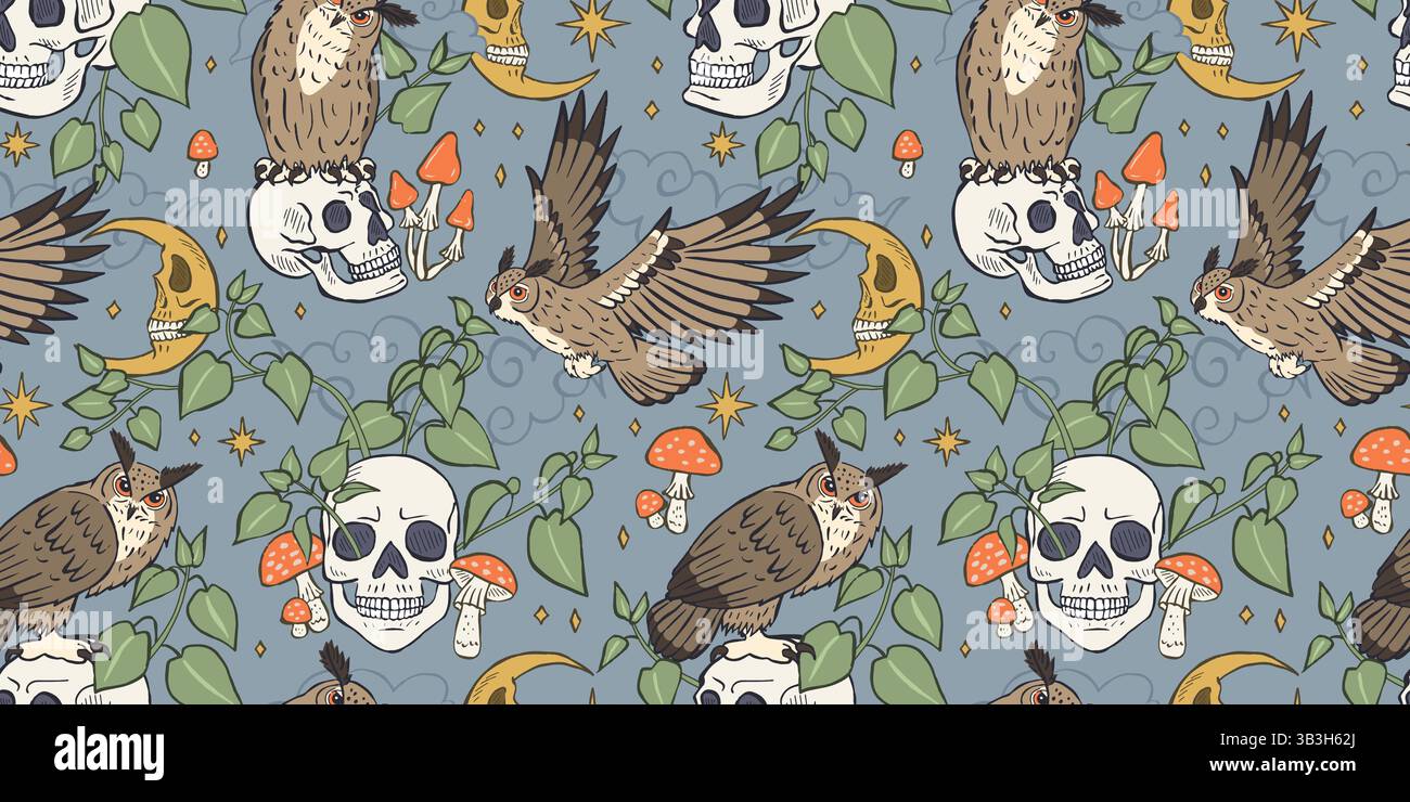 Seamless pattern with hand drawn inky eagle owls sitting on human skulls Stock Vector