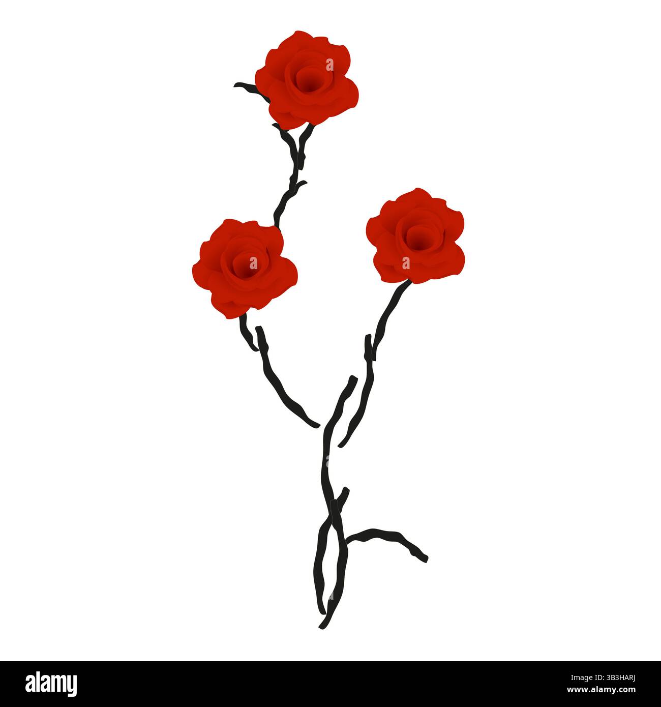 Red roses on black branches isolated on white background. Stock Vector
