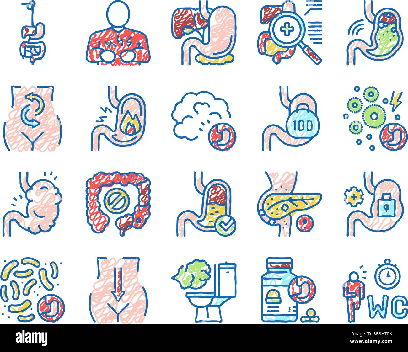 Digestion Disease And Treatment Icons hand drawn Stock Vector Image ...