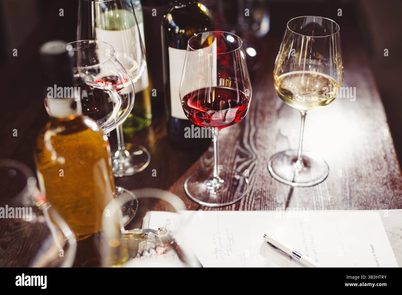 Wine tasting, evaluation accessories on countertop. Stock Photo
