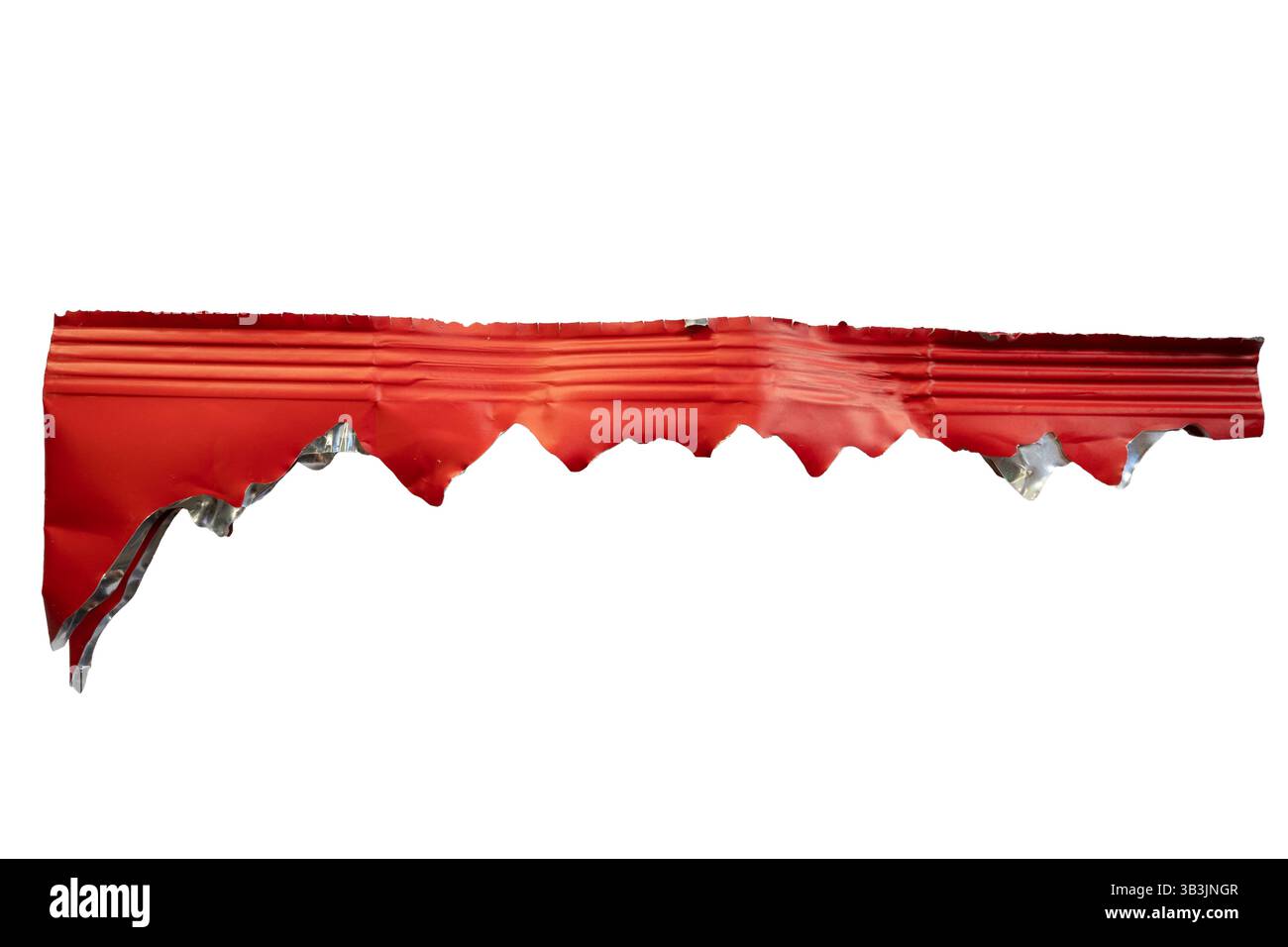 Torn top side of red plastic potato chips bag on white background with clipping path Stock Photo