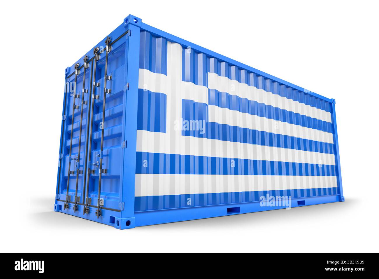 Greek flag adorning shipping container, symbolizing international maritime trade and logistics operations. 3d Rendering Stock Photo