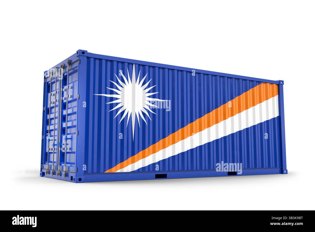Cargo shipping container bearing Marshall islands national flag, representing international maritime trade and global logistics infrastructure. 3d Ren Stock Photo