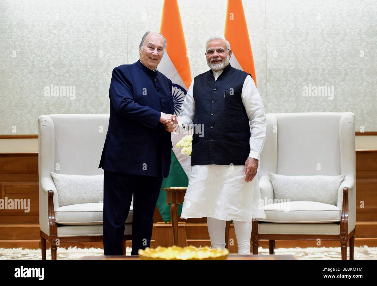 February 21, 2018 - New Delhi, India - Indian Prime Minister Narendra Modi, right, greets Prince Karim Aga Khan before the start of their bilateral meeting February 21, 2018 in New Delhi, India. (Credit Image: © Press Information Bureau/Planet Pix via ZUMA Wire) Stock Photo