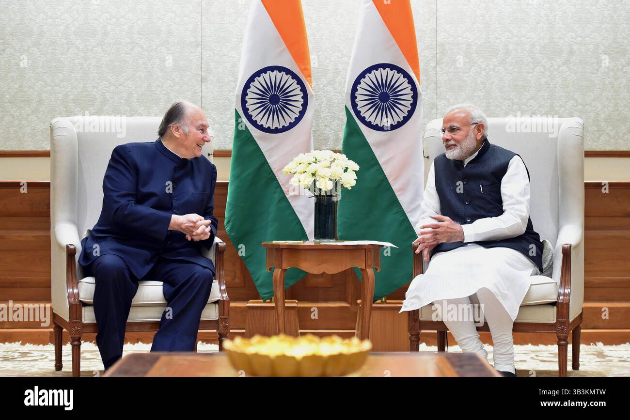 February 21, 2018 - New Delhi, India - Indian Prime Minister Narendra Modi, right, meets with Prince Karim Aga Khan February 21, 2018 in New Delhi, India. (Credit Image: © Press Information Bureau/Planet Pix via ZUMA Wire) Stock Photo