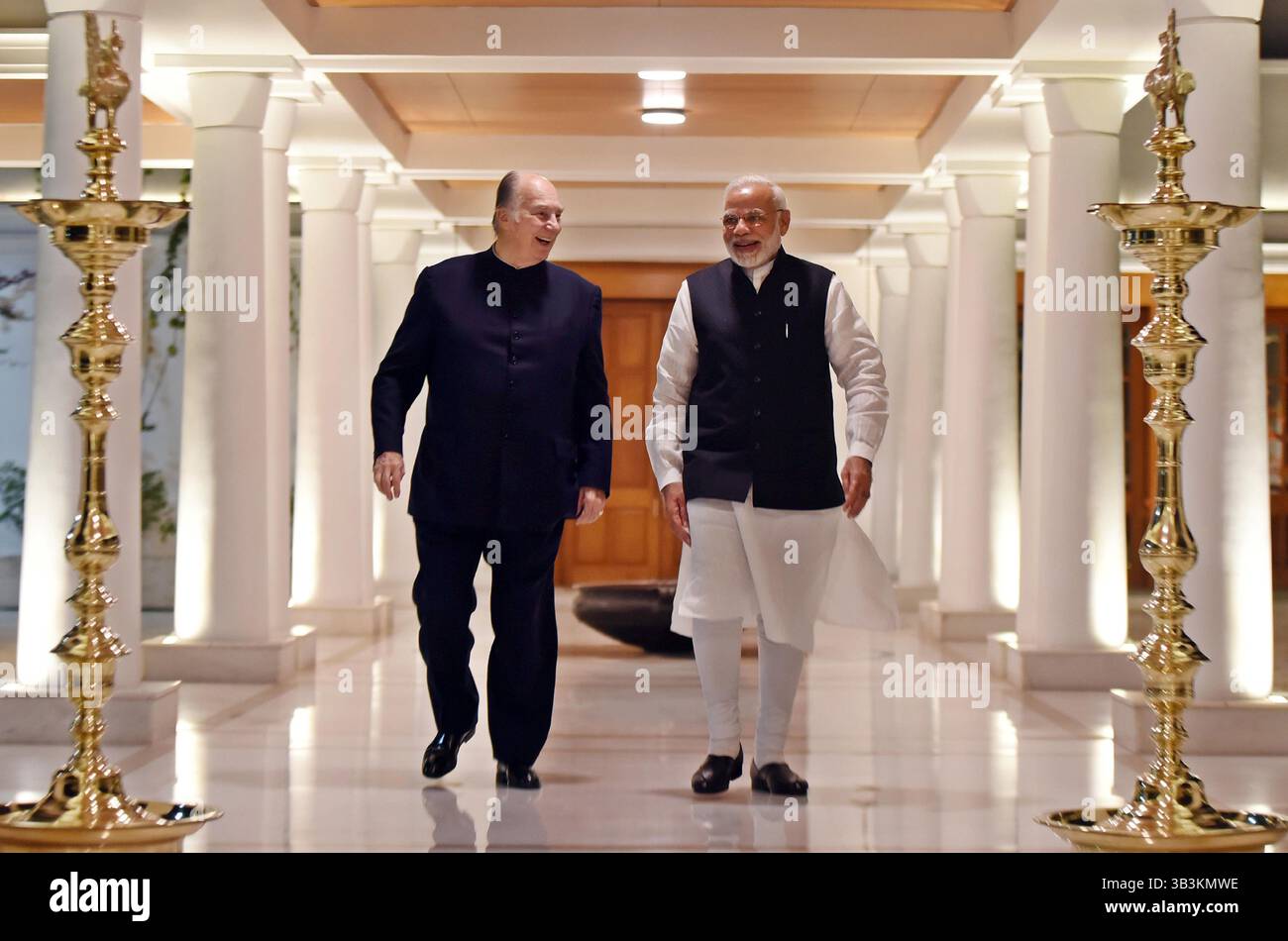 February 21, 2018 - New Delhi, India - Indian Prime Minister Narendra Modi, right, escorts Prince Karim Aga Khan February 21, 2018 in New Delhi, India. (Credit Image: © Press Information Bureau/Planet Pix via ZUMA Wire) Stock Photo