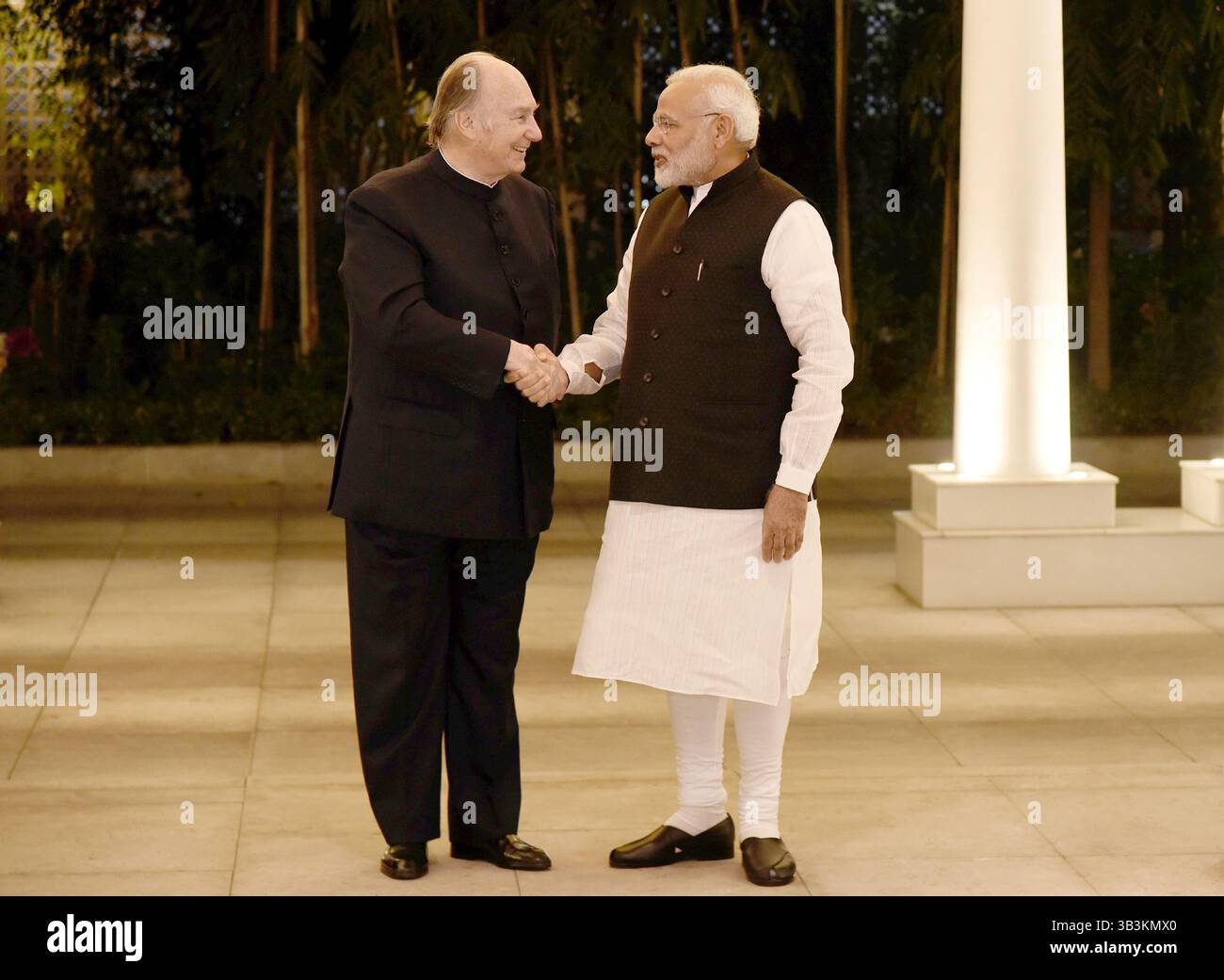 February 21, 2018 - New Delhi, India - Indian Prime Minister Narendra Modi, right, greets Prince Karim Aga Khan before the start of their bilateral meeting February 21, 2018 in New Delhi, India. (Credit Image: © Press Information Bureau/Planet Pix via ZUMA Wire) Stock Photo