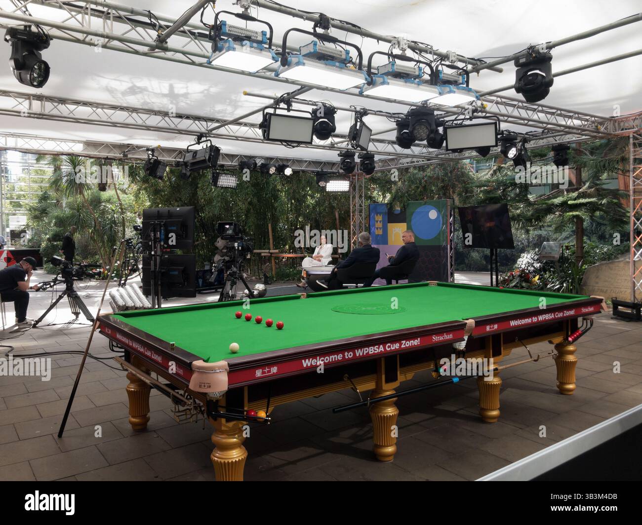 Sheffield Winter Garden, World Championship Snooker, Sports Broadcast, Seema Jaswal, Stephen Hendry, John Parrott England UK, whilst off air 2025 - Smartphone Captured Stock Image